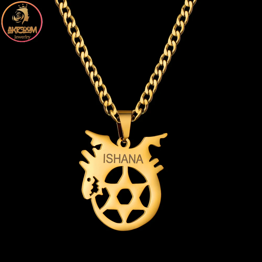 

Akizoom Custom Name Dinosaur Star Necklace Pendant Stainless Steel 4mm Cuban Thick Chain Personalized for Women Jewelry Gift