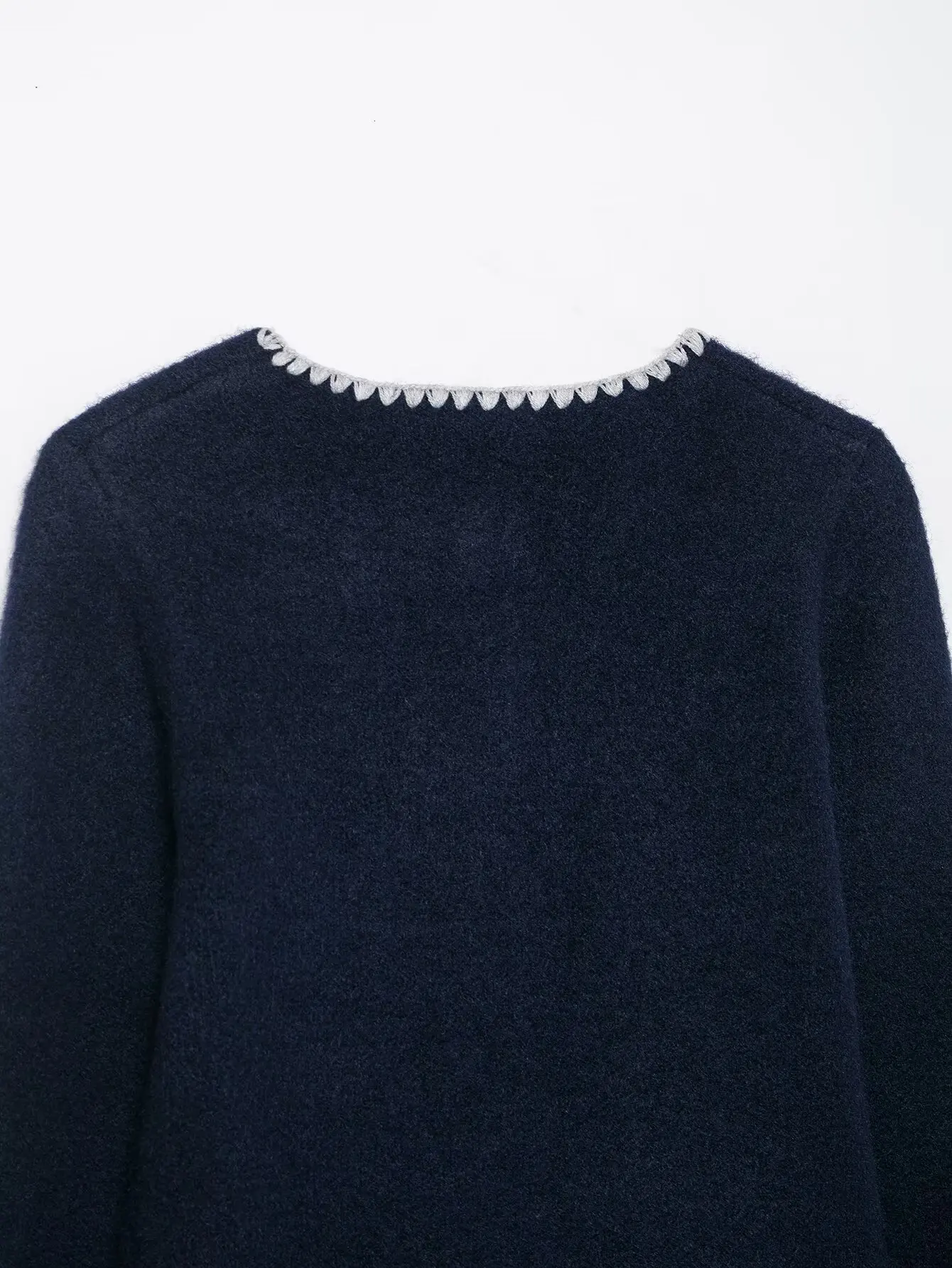 Women Elegant Deep Blue Knitted Cardigan Female O-Neck Single Breasted Long Sleeved Sweater Jacket Contrasting Color Knitted Top