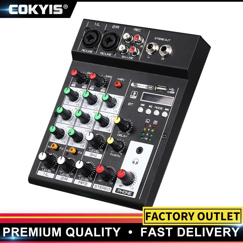 

4 Channel Mixer DJ Mixing Console with Bluetooth 48V Phantom Power Monitor Karaoke System USB Mixer Audio