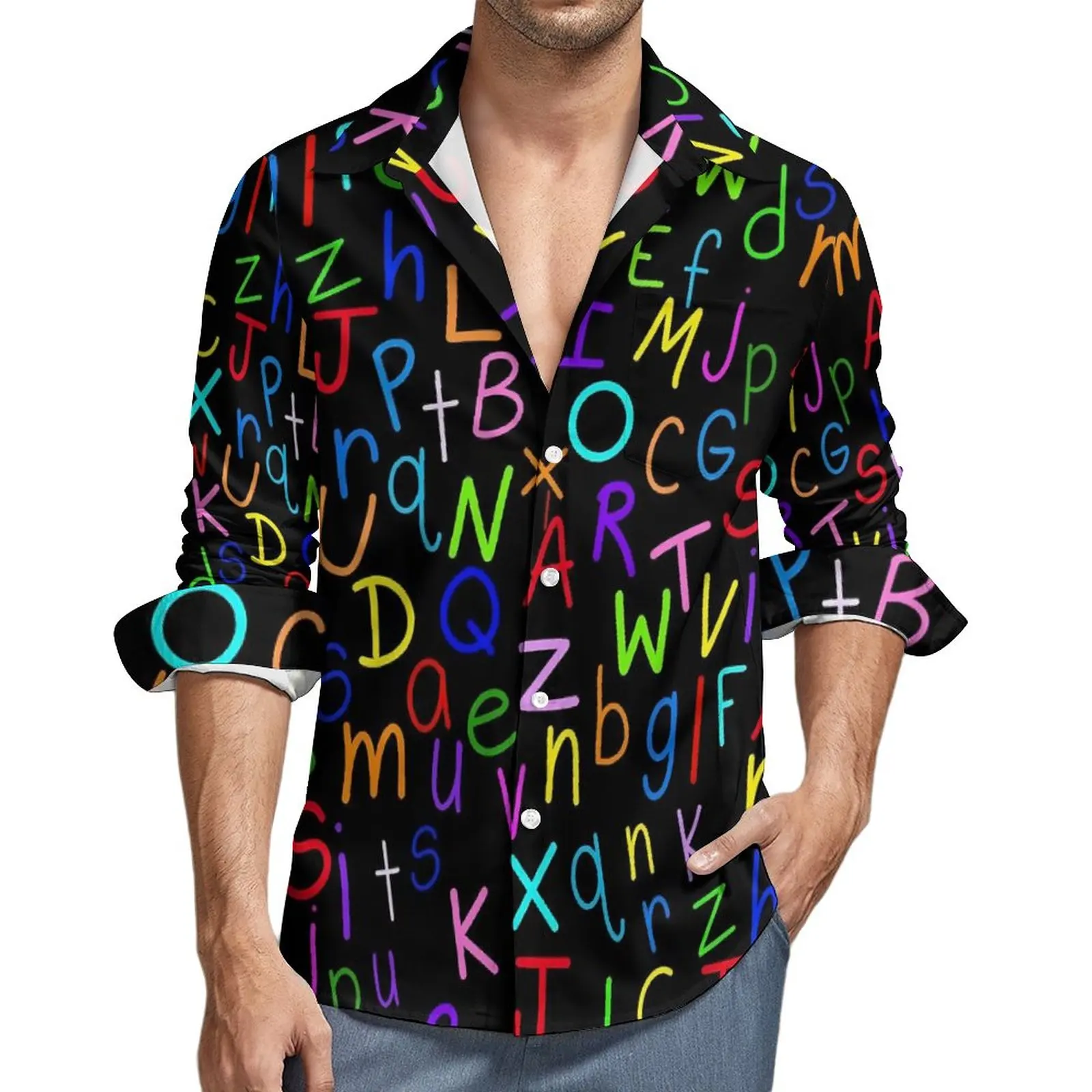 

Colorful Letter Print Casual Shirts Men Alphabet Soup Shirt Long Sleeve Novelty Street Blouses Autumn Custom Clothing Plus Size