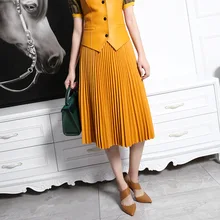 

Spring 2022 New Genuine Sheepskin Leather Elastic Waist Pleated Mid Length Skirt for Women Simple Style