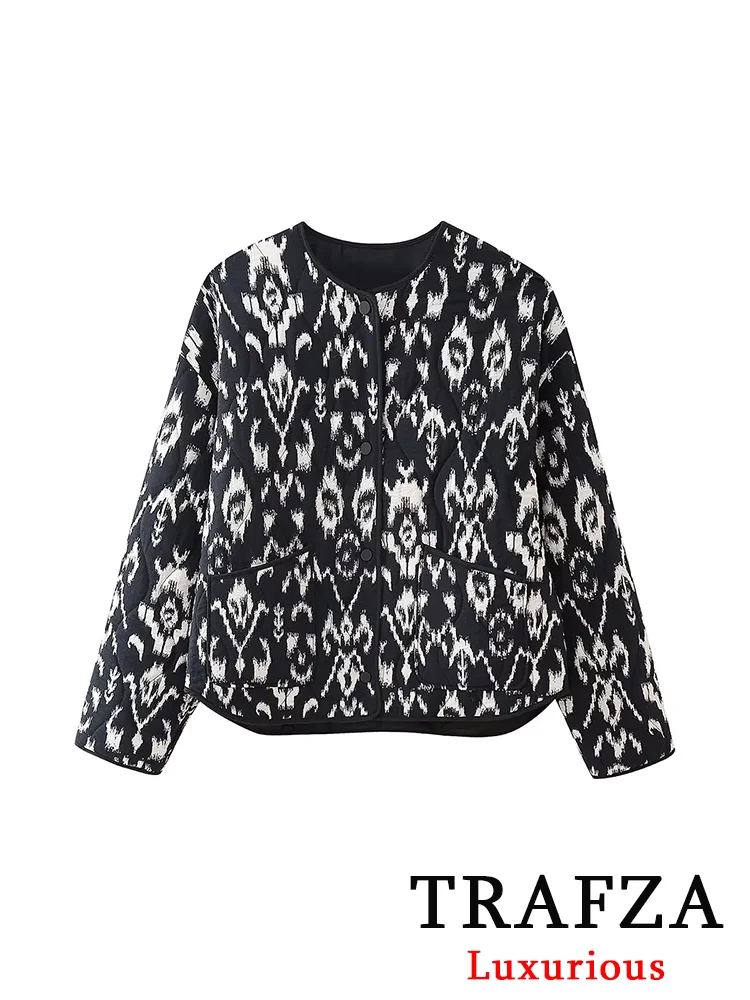 TRAFZA Casual Leopard Print Oversized Jackets Women Long Sleeve O Neck Buttons Coats Fashion 2024 Autumn Winter Female Outwears 5