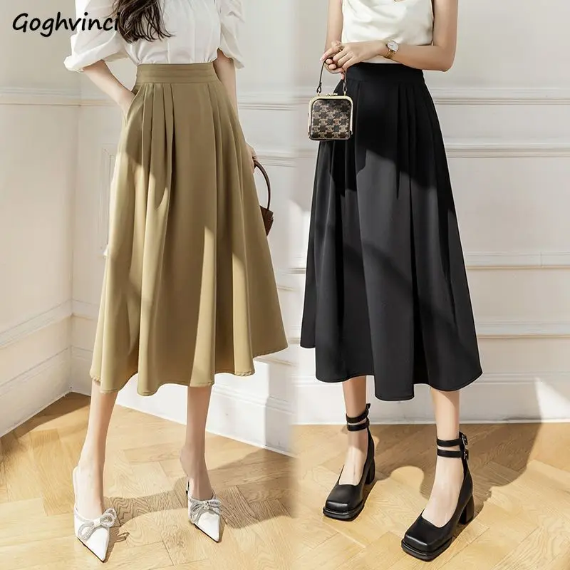 

Vintage Midi Skirts Women Autumn Simple Office Ladies Pure Color All-match French Style Graceful Empire Causal Loose Designed