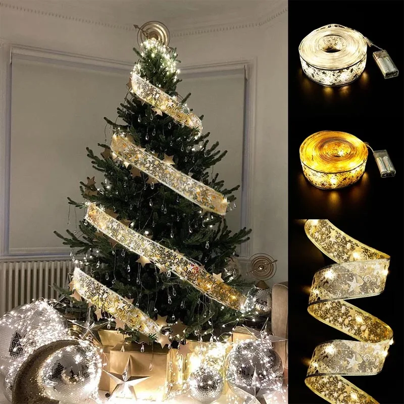 Новогоднее и Рождественское украшение 2022, светодиодные Ленточные банты, огни, украшения для рождественской елки для дома, рождественский подарок, свадебные украшения