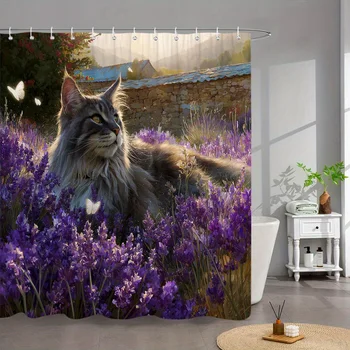 Tenda da doccia per gatti Maine Coon da 1 pezzo - Tenda da bagno extra lunga con campo di lavanda, farfalle, parete in pietra rustica - Grigio e bianco 1