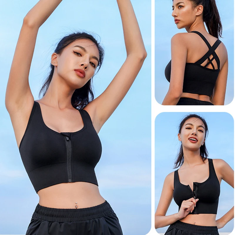 

AIIOU Quick Dry Sports Backless Bra Women Zipper Cross Stable Elastic Buckle Padded Push Up Bra Gym Running Fitness Workout Tops