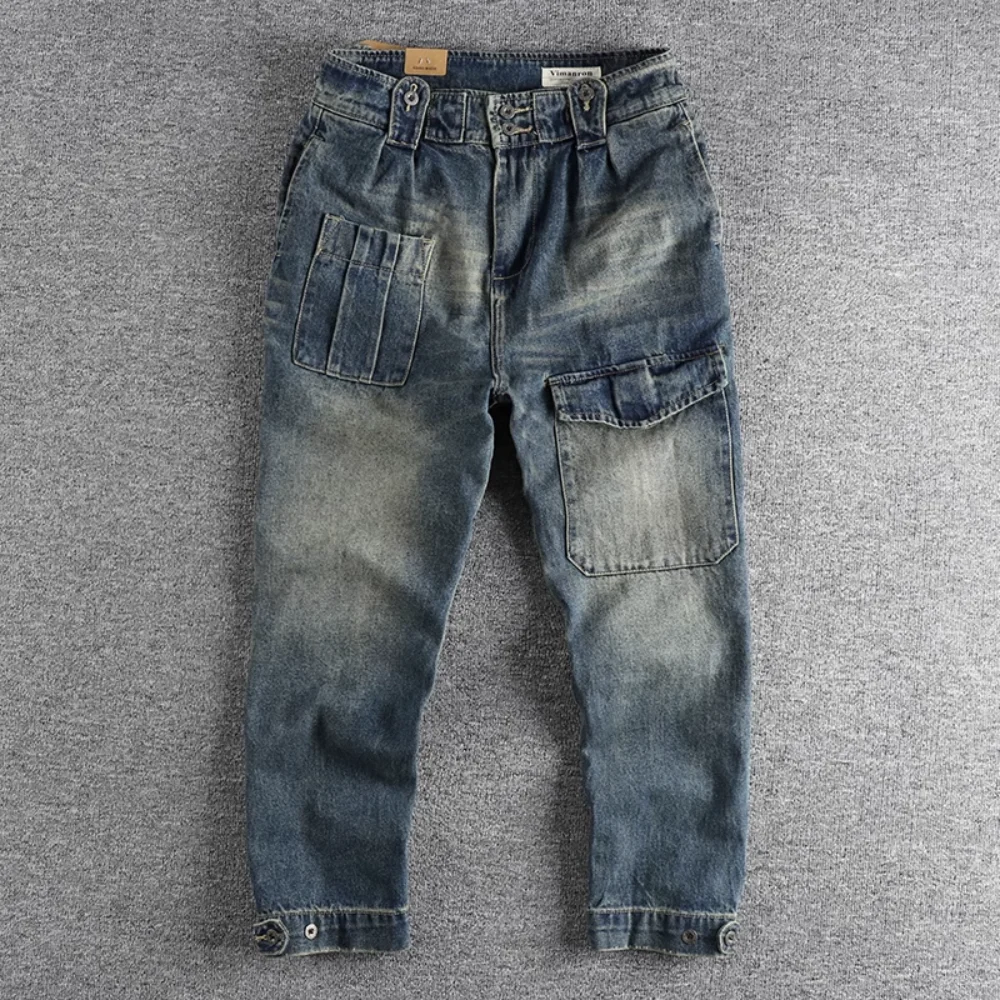 Vintage-inspired Blue Washed Cargo Jeans for Men with Wide Legs