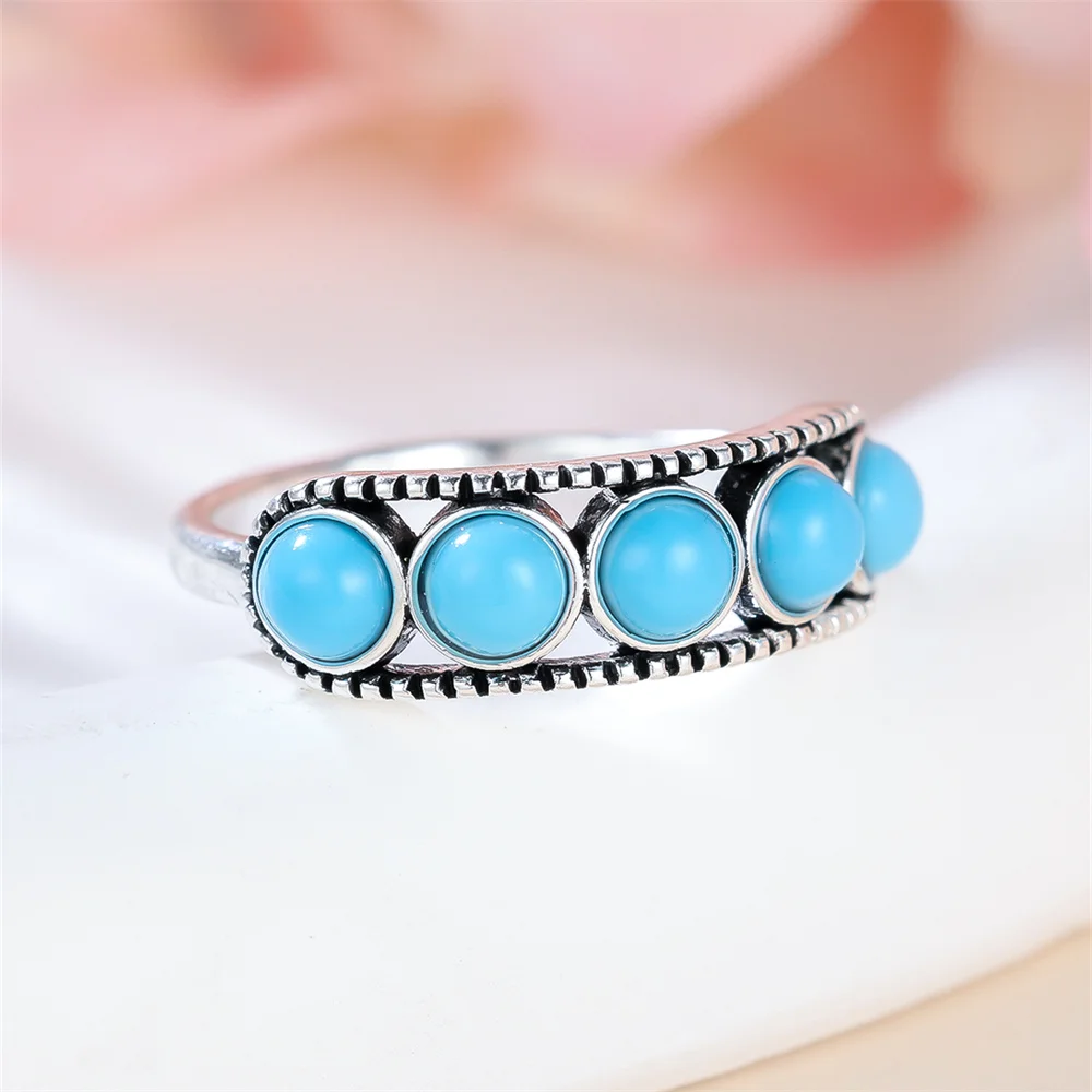 Single Row Blue Round Stone Simulated Turquoise Rings For Women Vintage Silver Color Ring Wedding Jewelry Bridal Versatile Gifts