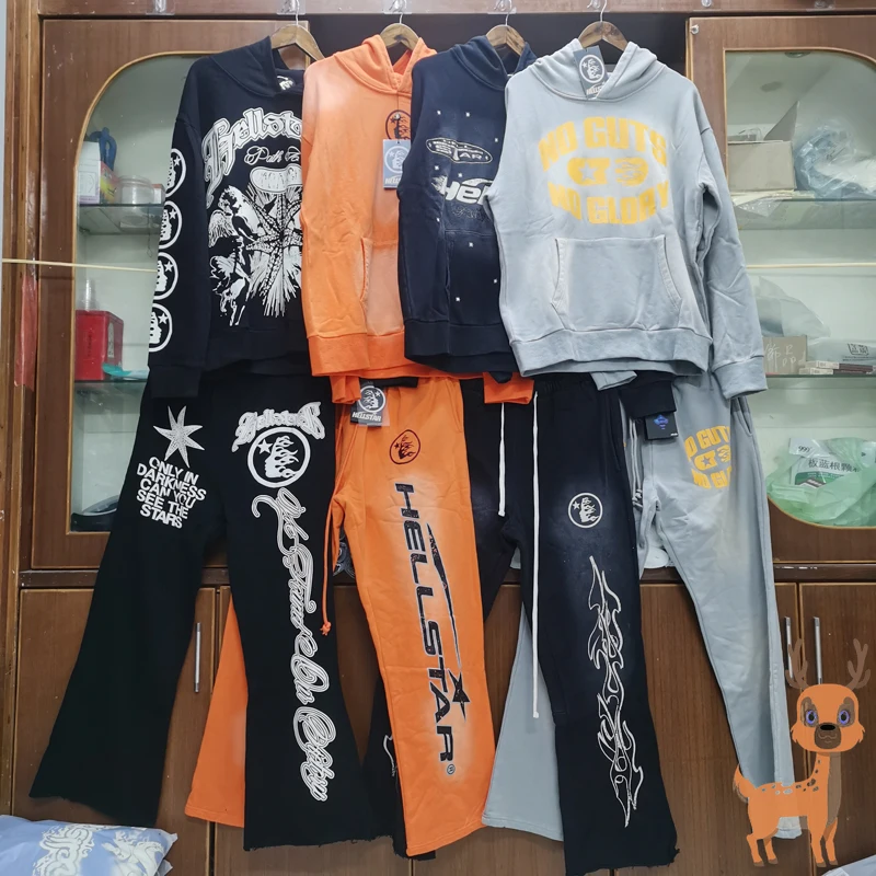 

Real Photo High Street Vintage Wash Hoodie for Men and Women Hellstar American Casual Drawstring Flare Pants Sweatshirt Set