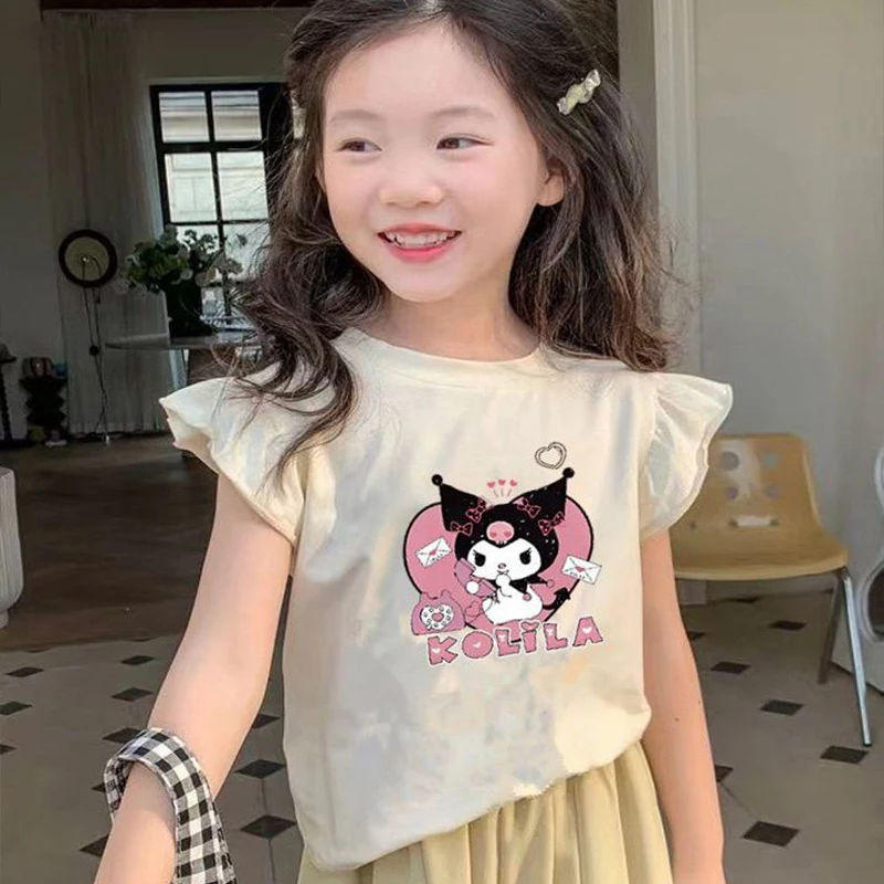 

2024 Cute Kuromi Girls Short Sleeve T-Shirt Sanrio Kawaii Anime Print Tops Summer Sweet Cute Babys Korean Clothes Gift for Kids