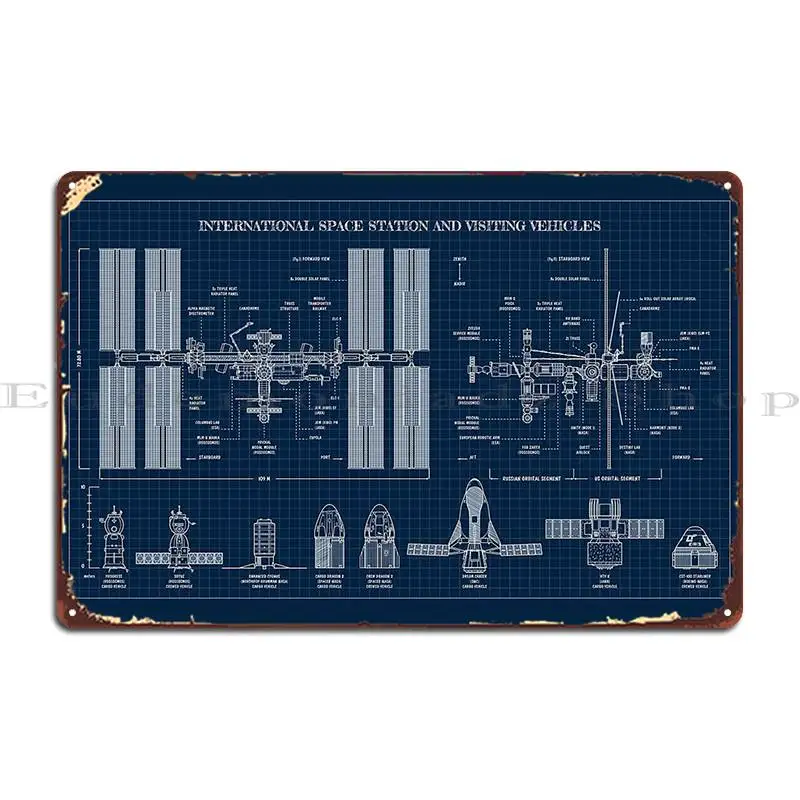 International Space Station Iss And Visiting Vehicles Navy Blueprint Metal Plaque Poster Wall Wall Mural Tin Sign Poster