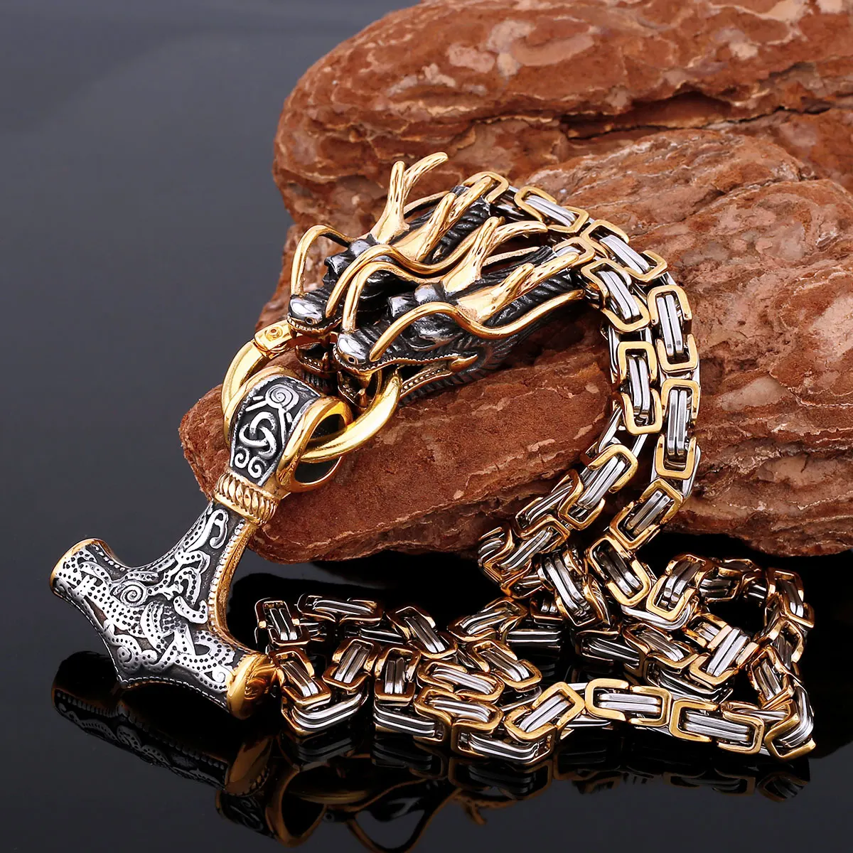 

Premium Vintage Viking Animal Stainless Steel Thor's Hammer Necklace Nordic Men's Never Fade Amulet Jewelry Teen Charm Chain
