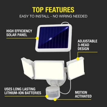 Solar Three Head LED Motion Sensing Security Flood Light, Outdoor, White, 2000 Lumen 4