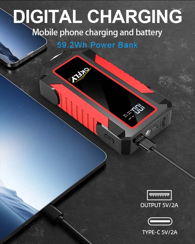 Neuer 4000A Auto-Starthilfe-Booster, tragbare 59,2Wh Powerbank, Notstartgerät, Auto-Batterie-Booster für Benzin- und Dieselautos – Detail 6