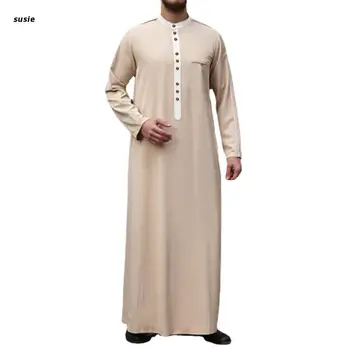 Muslim Robe White Yellow Men Caftan Long Sleeve Round Button Muslim Clothing Breathable Eid Middle