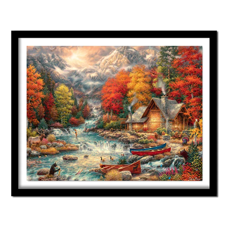 Full Square Diamond Painting Mountain River House 5D Fai Da Te Diamante Ricamo Paesaggio Autunno Strass Art Home Decor