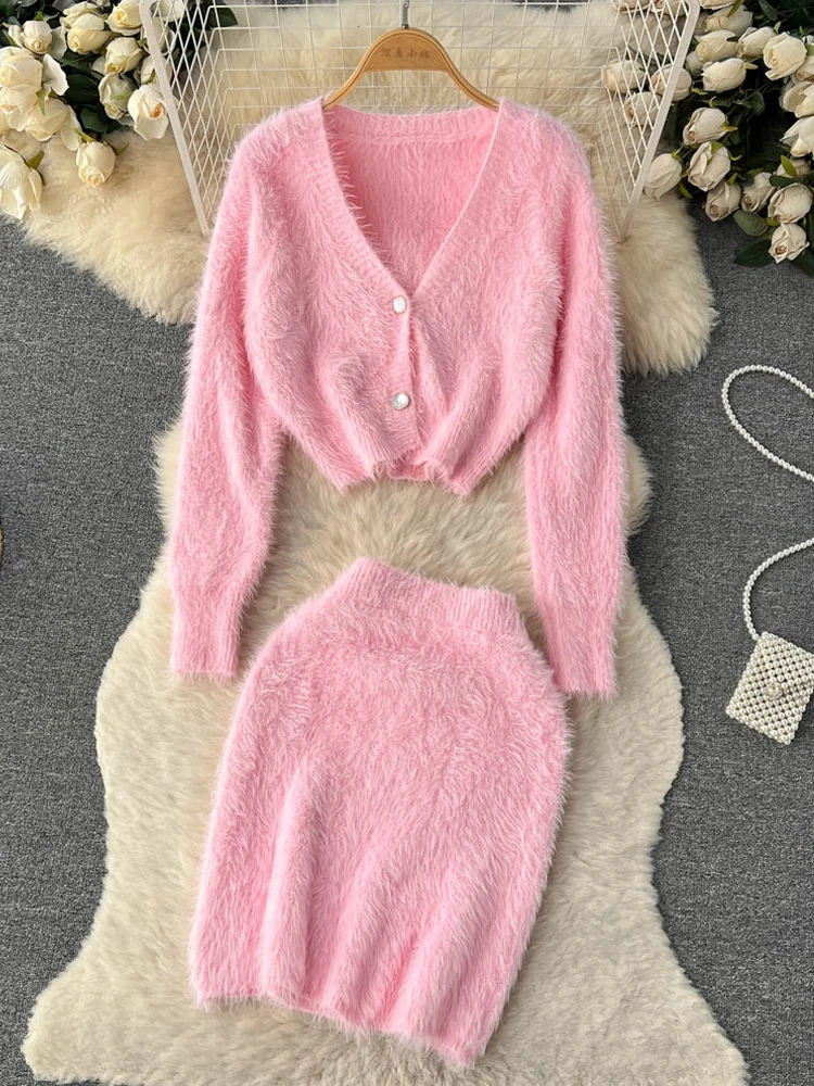 

Женское платье YuooMuoo, осенне-зимний модный плюшевый костюм из двух предметов, кардиган с двумя пуговицами и юбка мини с высокой талией