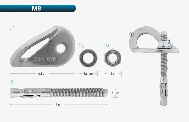 Rock Climb Anchor Point Piton Nut Anchor Bolt Hanger Plate Expansion Nail 304 Stainless Steel Caving Belay Rigging M8 M10 M12