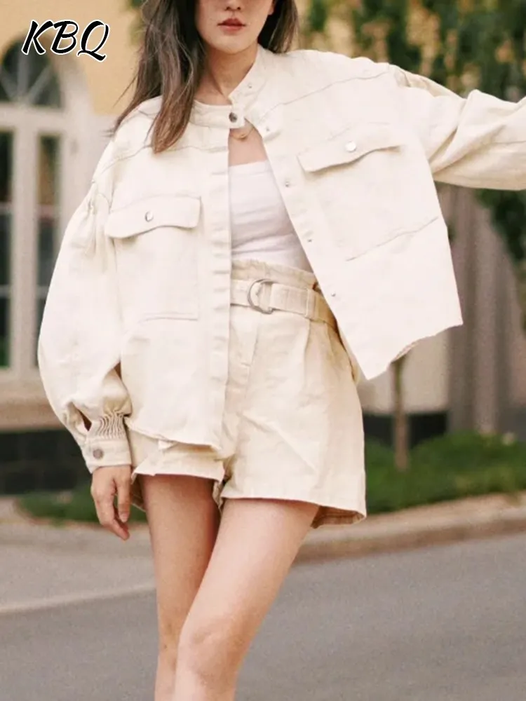 

KBQ Patchwork Pocket Distressed Loose Jackets For Women Stand Collar Lantern Sleeve Single Breasted Casual Loose Coats Female