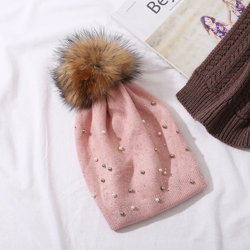 CNTANG Women Wool Knitted Hats Winter Warm Fashion Decorative Pearl Beanies Natural Raccoon Fur Pompom Hat Ladies Casual Cap 6