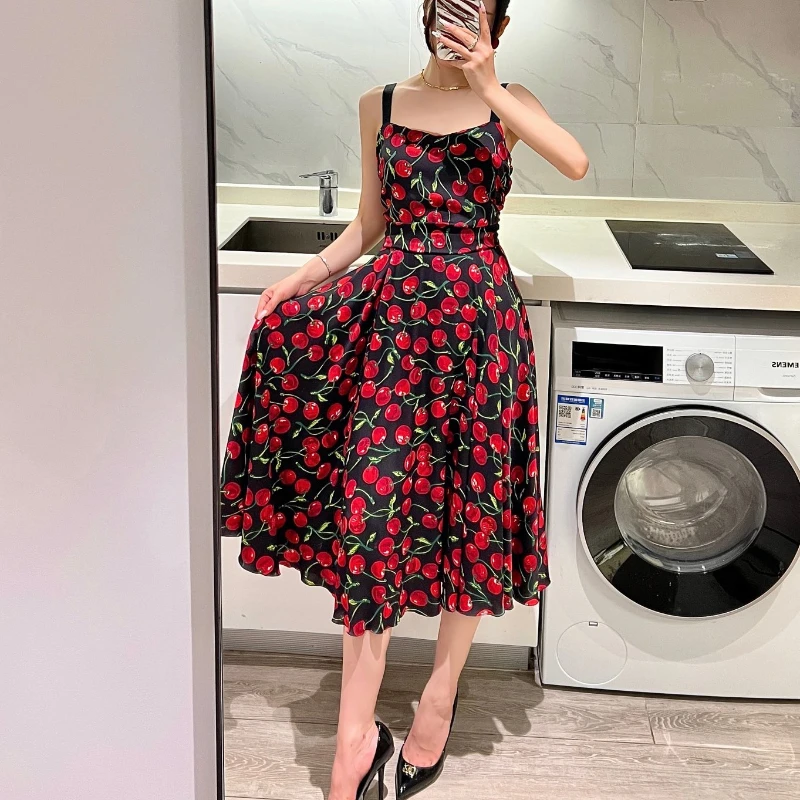 

2023 Summer Autumn Latest Red Cheery Print Sleeveless Spaghetti Strap Midi Dress for Women Fashion