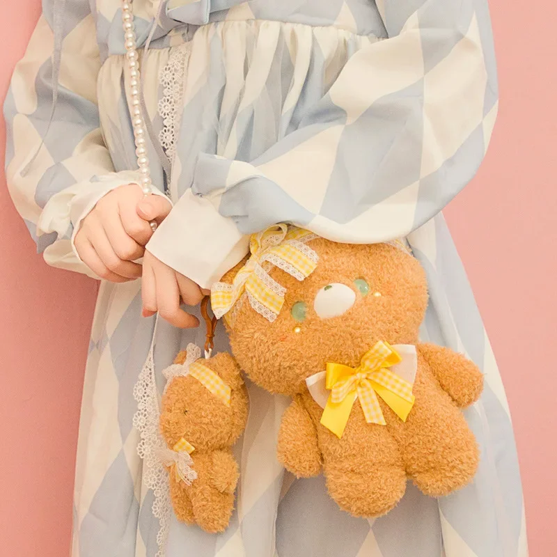 Plush girl bag cute rabbit plush shoulder bag toy teddy bear bag with pearl chain