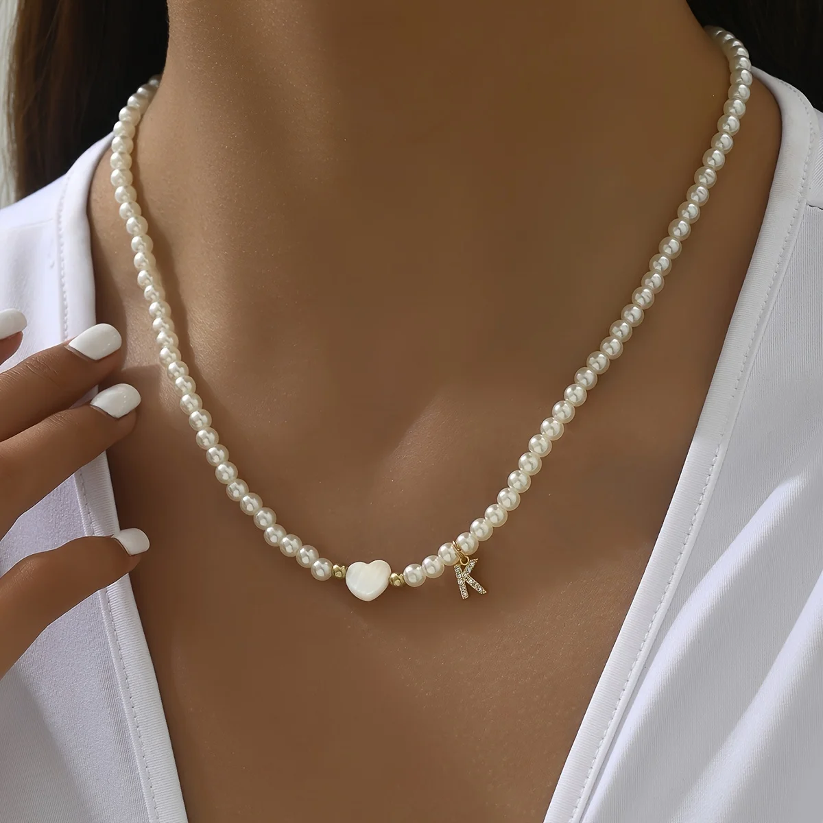 Dropship Faux Pearls Beads Necklace Heart Shape Pendant Lovely