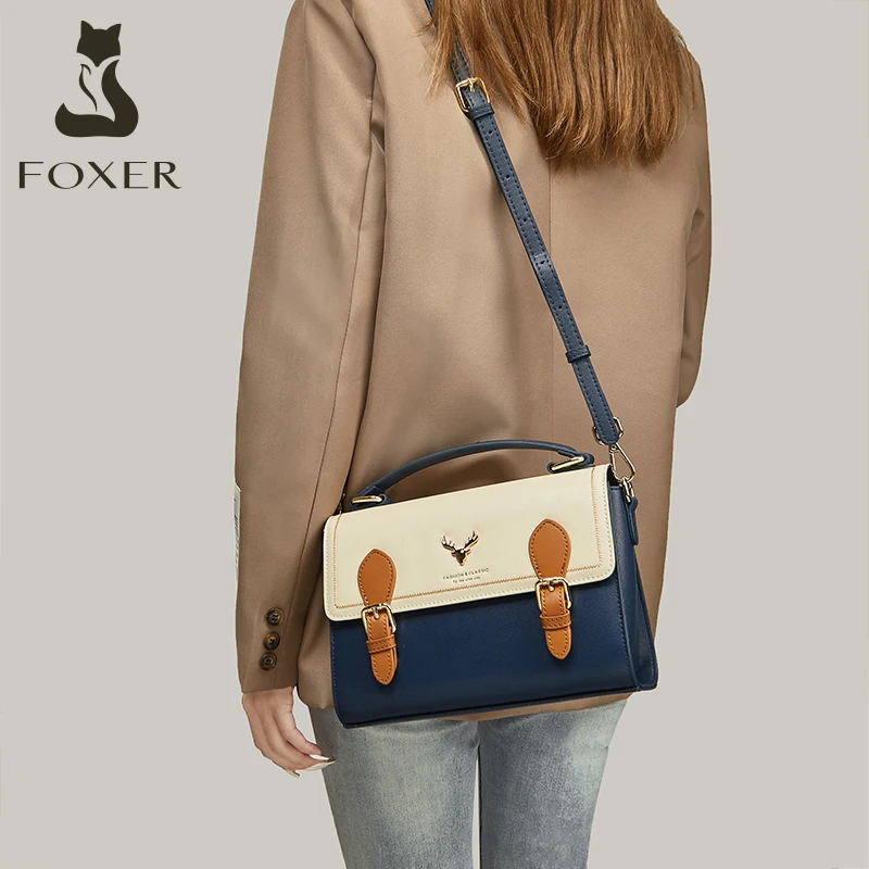 FOXER Brand Women Satchels Split Leather Messenger Bag Ladies Designer Handbag Fashion Dating Flap Shoulder Crossbody Bag Female
