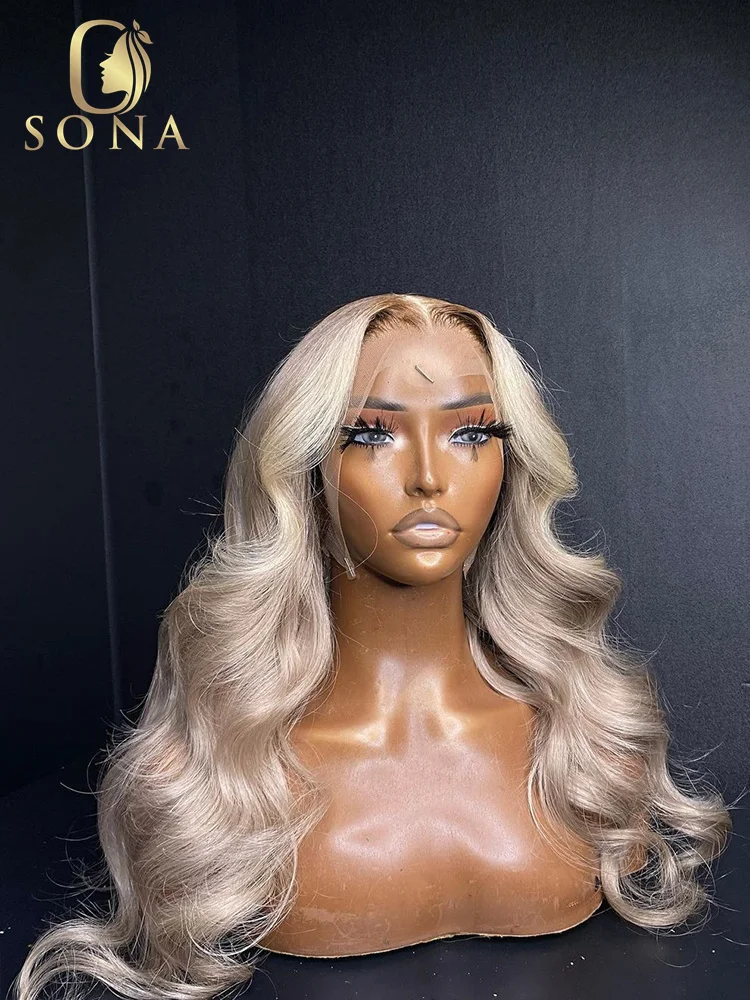 

Dark Roots Ash Blonde 13X6 HD Frontal Wig Pre Plucked 13X4 Transparent Lace Front Wig Body Wave Human Hair Wig for Women 4/613