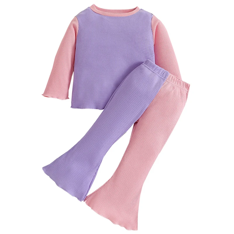 

2Piece Spring Fall Clothing Toddler Girl Outfits Set Fashion Patchwork Long Sleeve Cotton Tops+Flare Pants Baby Clothes BC1099