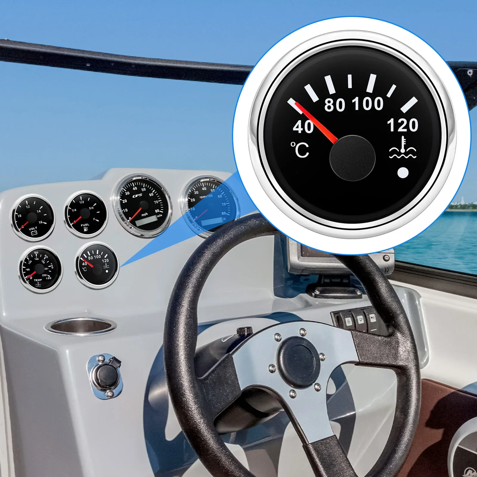 52MM Boat Car Water Temperature Gauge With Coolant Temperature Sensors 1/8NPT 14