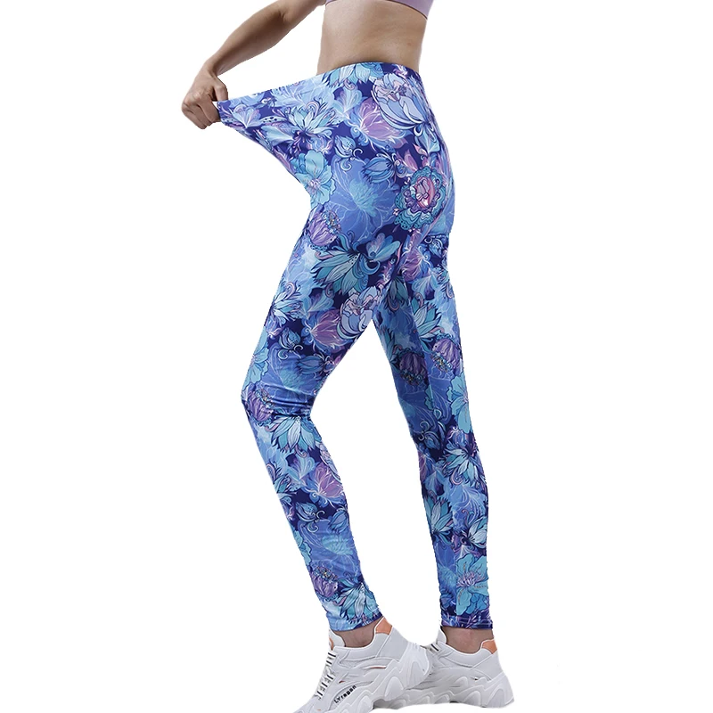 PD319 Blue Petal Flower Leggings Outdoor Sports Cropped Stretch Pants 2