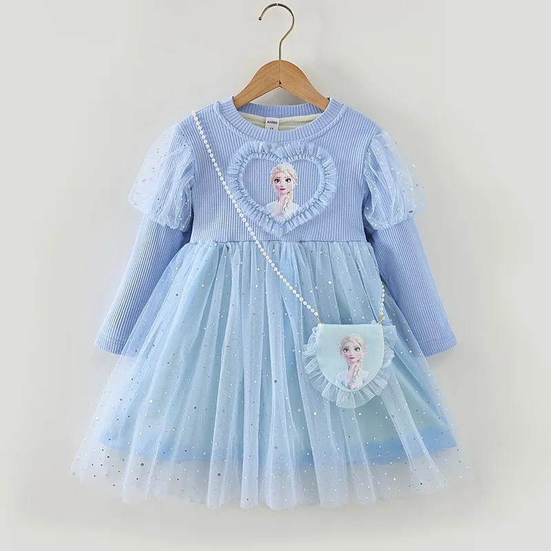 

Disney Frozen Elsa Princess Dress Cotton Velvet Thickening New Cute Cartoon Sweet Children's Winter Long Sleeve Birthday Dress