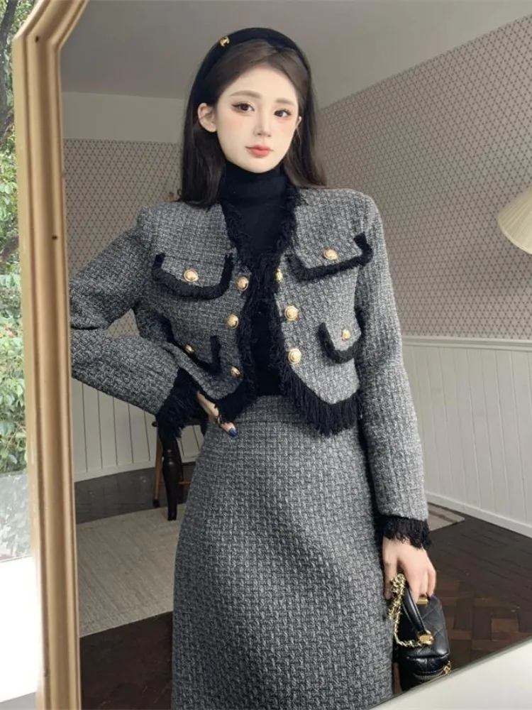 

UNXX 2023 Autumn Winter New Fringe Wool Minimalist Short Jacket Top Midi Long Skirt Fashion Matching Set Women Office Lady Girls