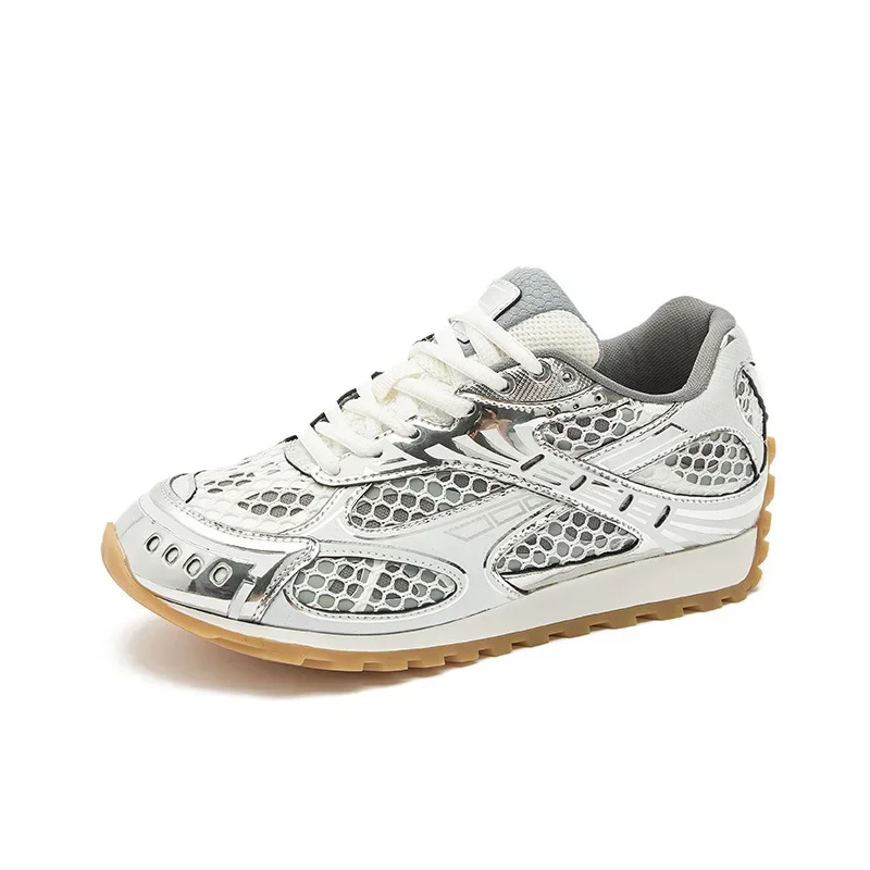 Women's luxury flat sneakers, patchwork leather shoes, optical sole, air mesh, running and walking, couples wear, fall 2024 5