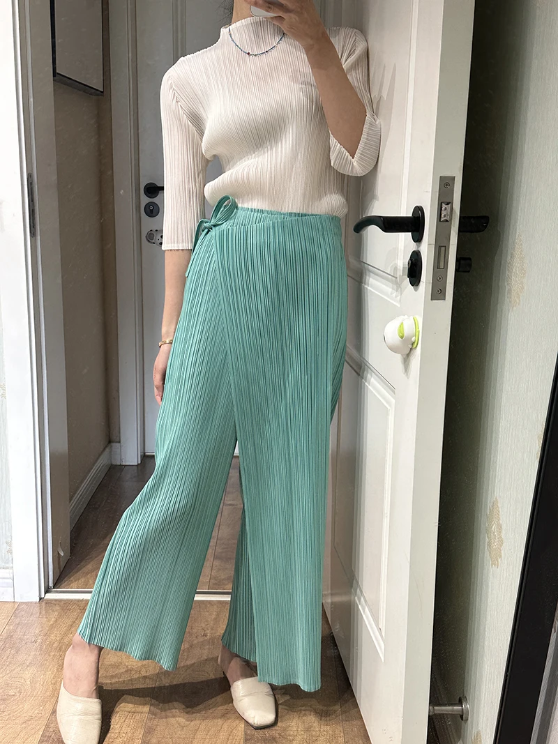 

ALSEY Miyake Pleated Two Piece Belt Pant Skirt Women Autumn New Designer Korean Style Simple Casual Fashion Straight Leg Pant
