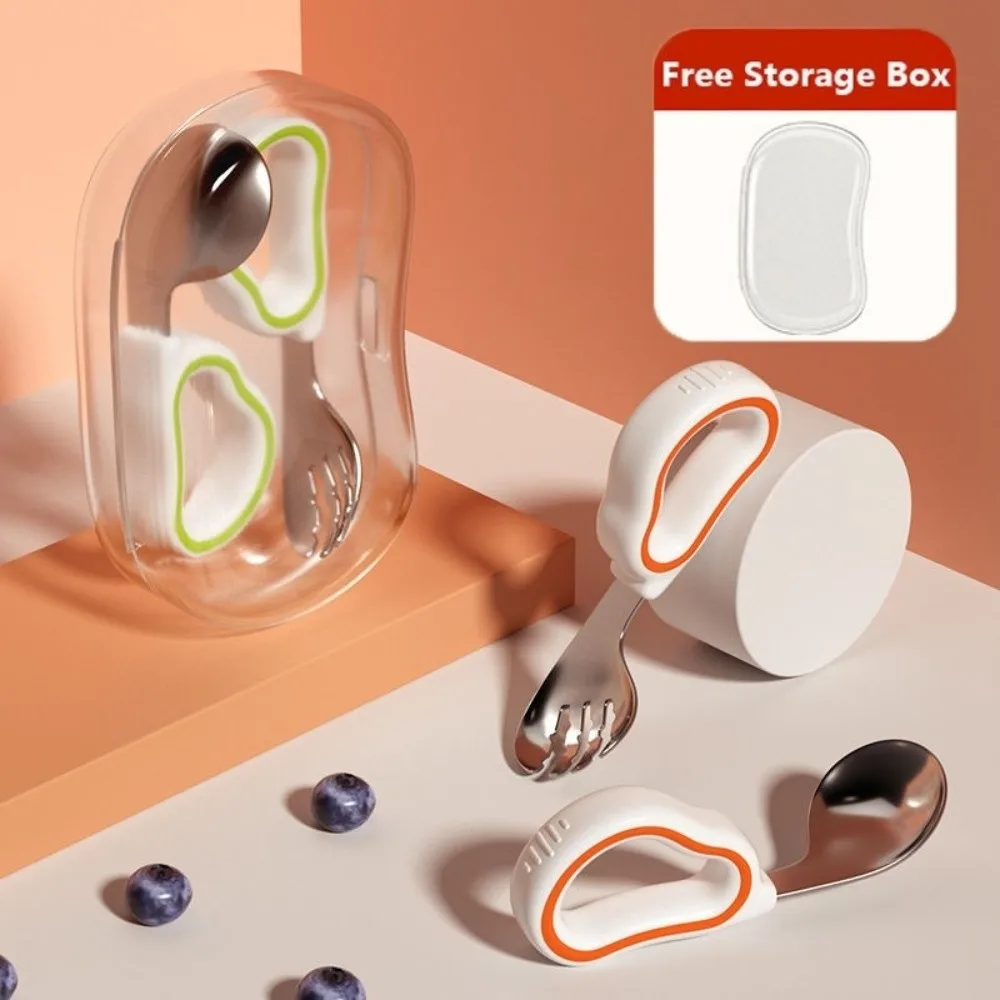 Silicone Baby Fork and Spoon Set Self Feeding with Storage Box Baby Cutlery Safe Short Handle Child Tableware Training Eating