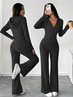 Fashionable Casual Women's Solid Color Hooded Zipper Top And Loose Flared Pants Set Streetwear Style Comfortable Outfit - Image 3