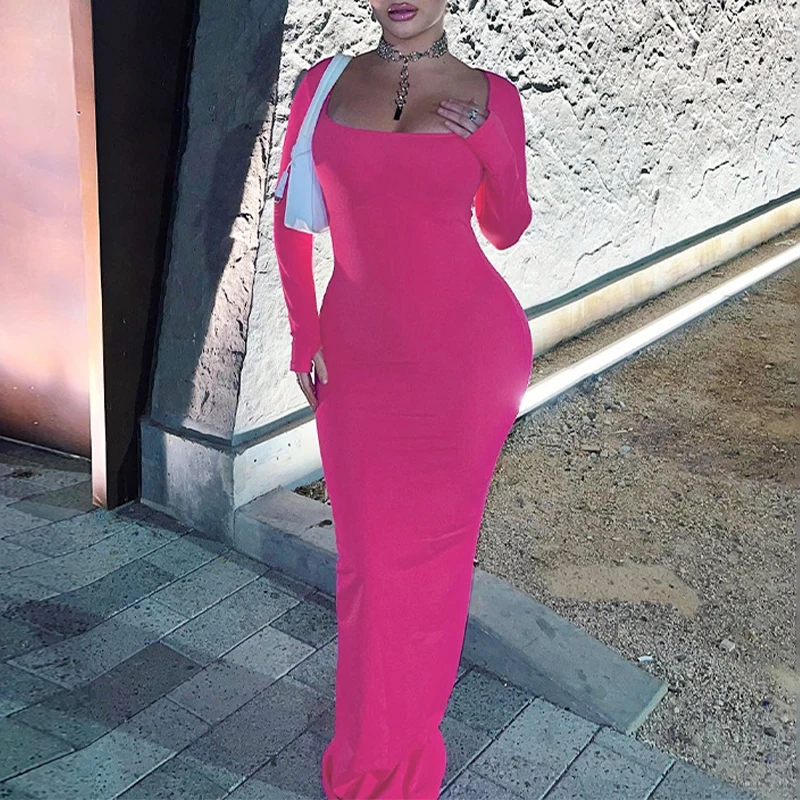 

BKLD Hipster Rose Red Sexy Street Style Long Dress For Women 2023 Autumn Winter New Long Sleeve U Neck Body-shape Sheath Dresses