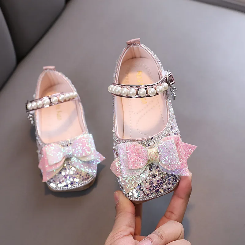 Kinder Leder Schuh Frühling flache Mädchen flache Schuhe für Hochzeits feier Mode Perle Kinder Prinzessin Balletts chuhe Hakens ch laufe