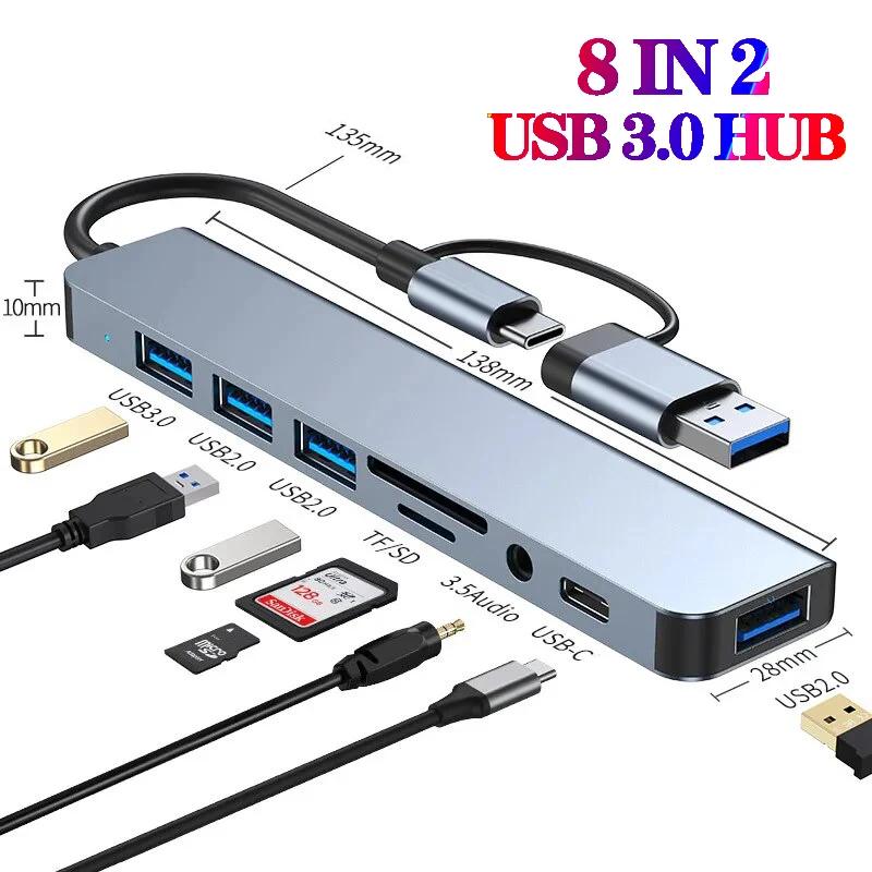 USB C 허브 USB 허브 3.0, 알루미늄 8 in 2 USB 분배기, SD/TF..
