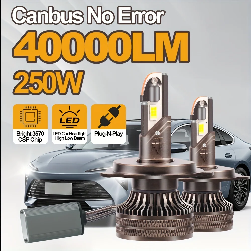 Canbus No Error LED H4 High Low Beam All In One 250W Two-sided CSP Chip 6500K Fast Heat Dissipation Copper Plate Fan Cooling