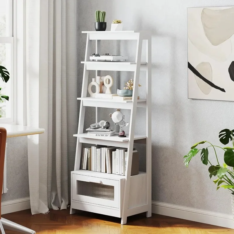 Bibliothèque échelle à 4 niveaux avec portes de rangement et d'armoire, étagère à livres moderne de 63 pouces de haut avec cadre en bois massif pour le salon