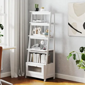 Bibliothèque échelle à 4 niveaux avec portes de rangement et d'armoire, étagère à livres moderne de 63 pouces de haut avec cadre en bois massif pour le salon
