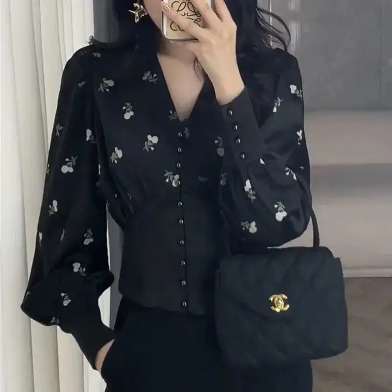 Female Clothing Broken Flowers Waist Shirt 2023 Spring Autumn Elegant V-Neck Commute Single-breasted Slim Fashion Spliced Blouse