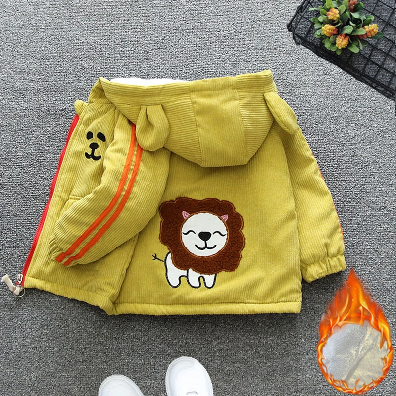 

2024 Winter Keep Warm Boys Coat Cartoon Lion Corduroy Padded Jacket For Kids Thick Hooded Outerwear Birthday Gift Child Clothes