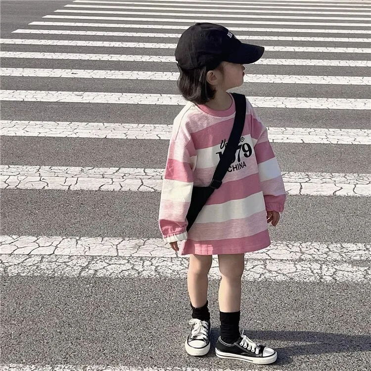 

Korean Style Autumn Baby Girls Shirts Pink Striped Letter Print Undershirts Above Knee Length Dresses Kids Tops Tees
