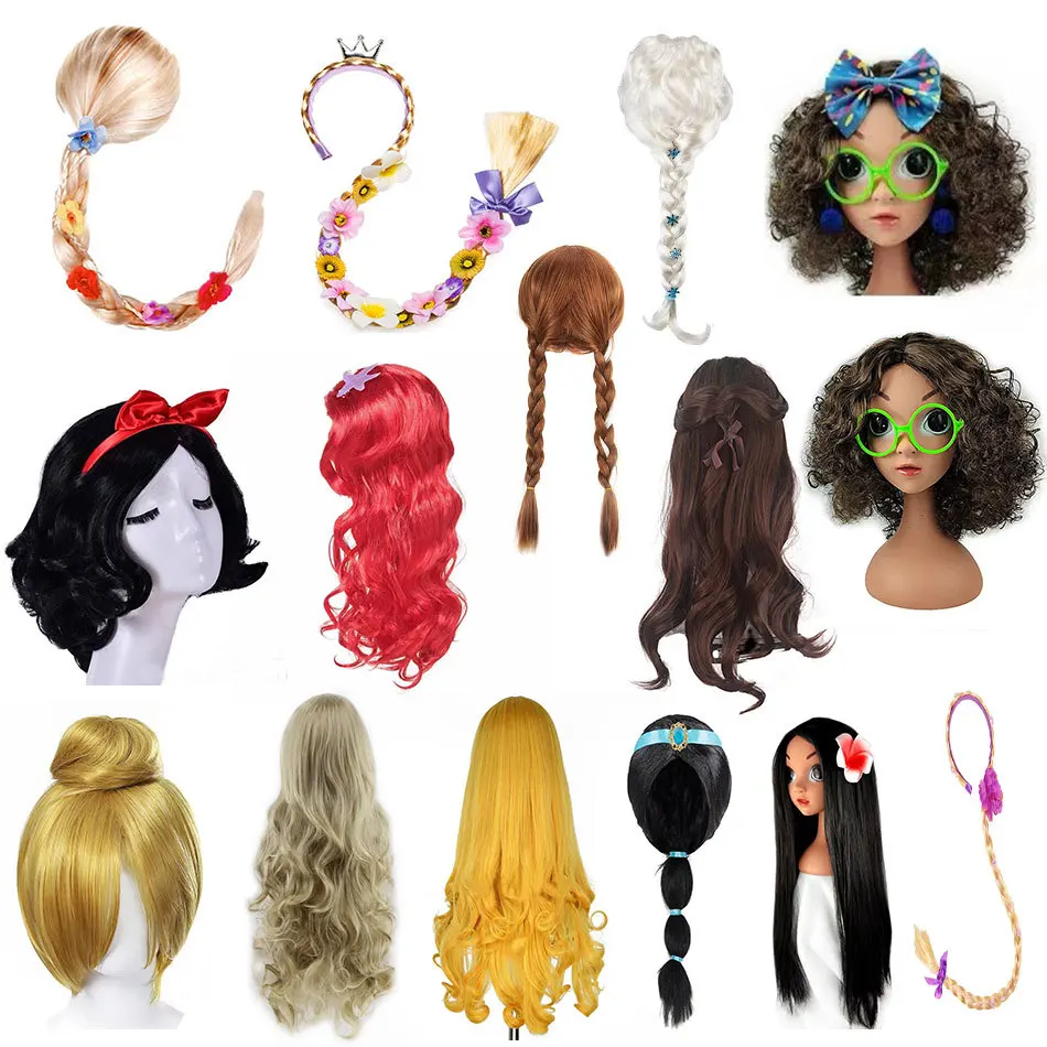 Girls Wednesday Wig Children Princess Cosplay Accessories Kids Rapunzel Elsa Anna Jasmine Mermaid Moana Mirabel Party Headwear