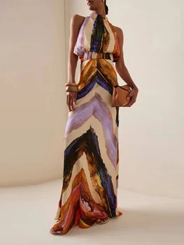 Elegant Sleeveless Backless Halter Crop Top High Waist Maxi Skirt Fashion Printed Skirt Set for Women Summer New Lady 2 Pcs Suit 1