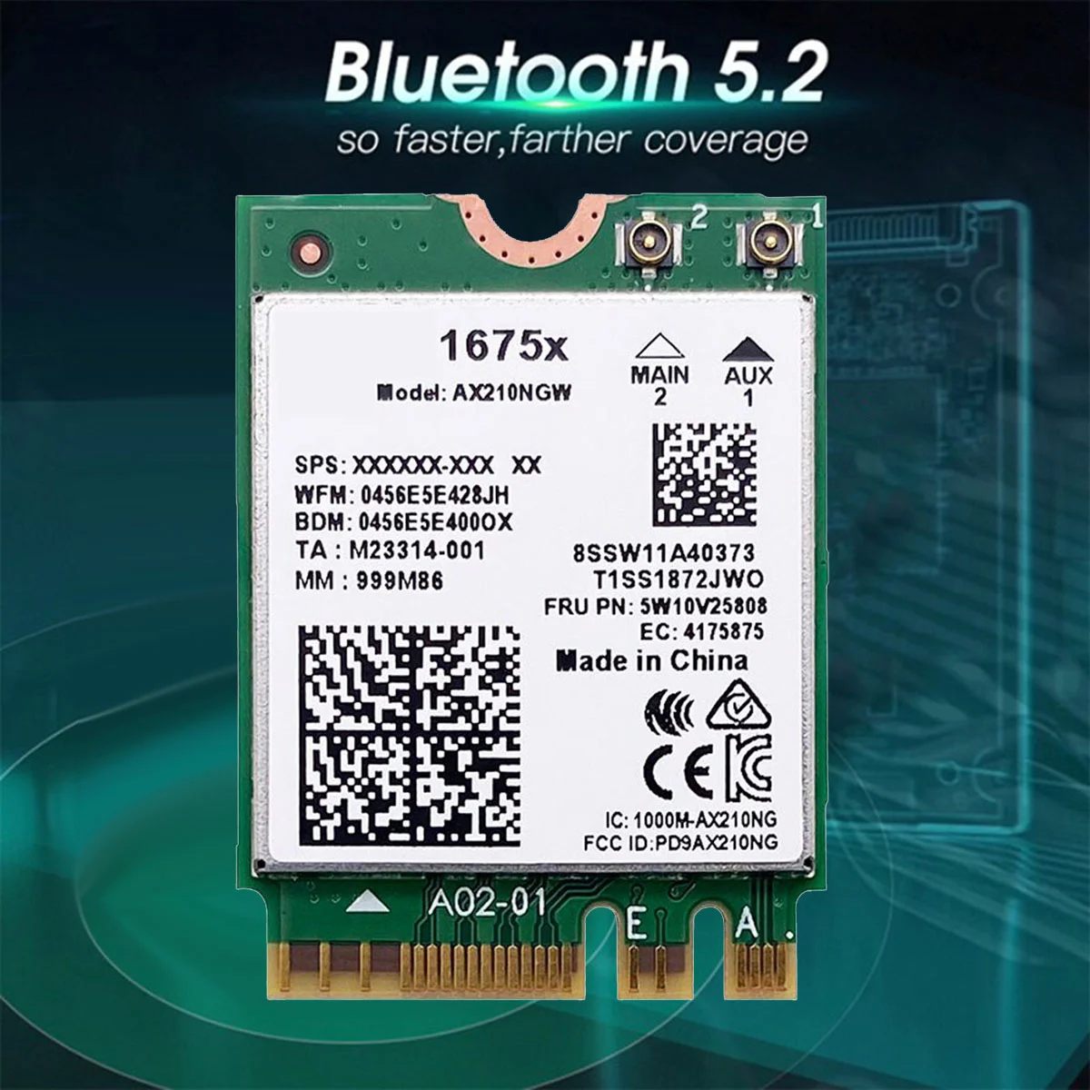 

For Intel 1675X WiFi Card+2X8DB Antenna AX210NGW AX1675X Wi-Fi 6E 2.4G 5G 6G 5374Mbps BT 5.2 M.2 NGFF WiFi